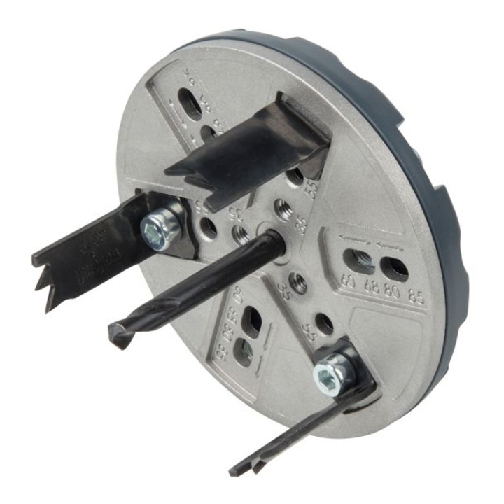 Carota de taiere reglabila pentru instalarea spoturilor incorporate Wolfcraft 5986000, D35, 55, 60, 68, 70, 75, 80, 85 mm adancime taiere 30 mm tija triunghiulara D 8.5 mm