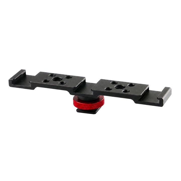 Suport FotoManiac cu 3 patine Cold Shoe pentru microfon, lumina LED si accesorii foto-video, filet 1/4”, aluminiu, negru