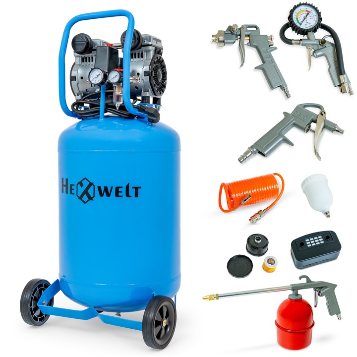Hexwelt olajos légkompresszor 50l, 1500w, 8 bar, 2 henger, 5in1 szett tömlővel és pisztolyokkal