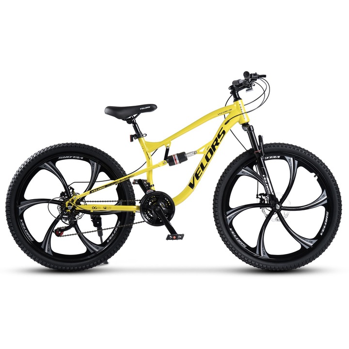 Bicicleta MTB Velors 26", Cadru din otel, Frane pe disc, Suport 120 kg, Verde Lemon/Negru, 17 inch