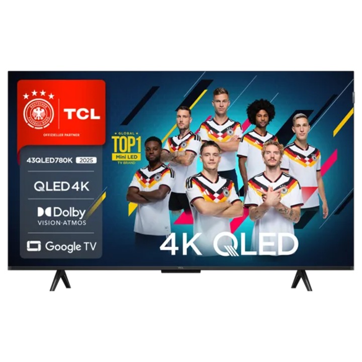 Televizor TCL 43QLED780K, 108 cm, 4K UHD, HDR, Smart TV, control vocal (Alexa, Google Assistant), Dolby Atmos, Google TV