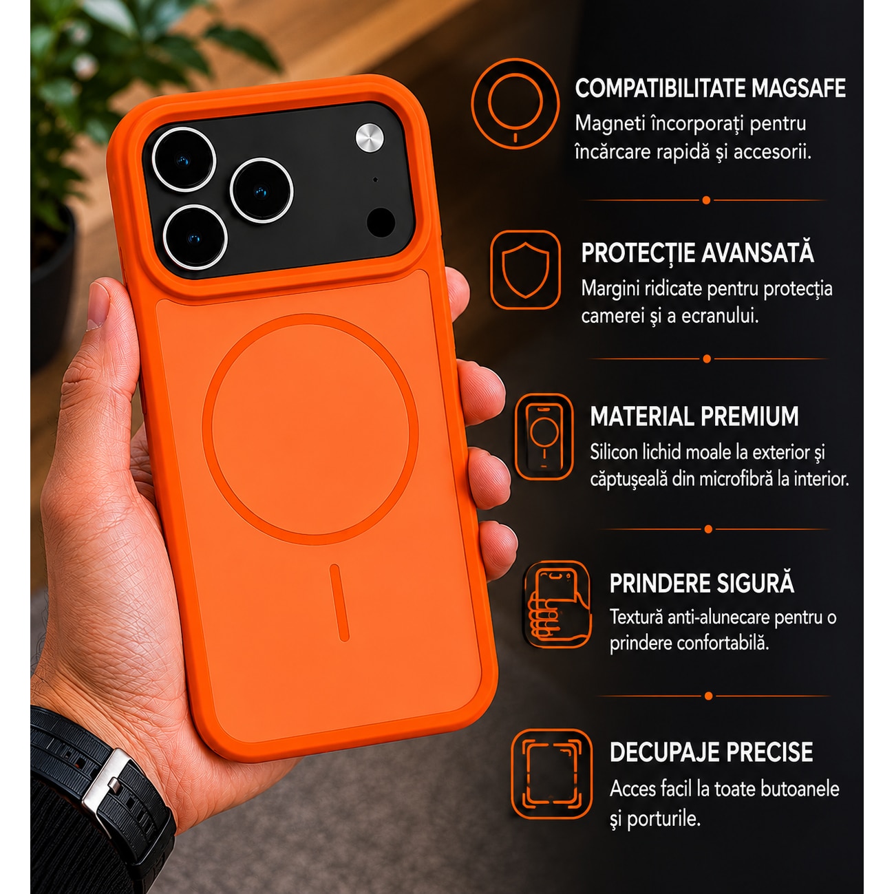 Husa protectie Mat-Tech compatibila cu iPhone 17 Pro, MagSafe, Protectie Camera, Decupaje Precise, Rezistenta la impact, Orange