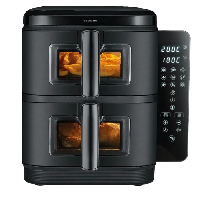 Severin S-Fry Duo Stack FR dupla forrólevegős fritőz, 2x5.5 literes űrtartalom, sütéshez/sütéshez/szárításhoz alkalmas, Cyclonic Air Flow technológia, maximum 200°C hőmérséklet, 9 automata program, Sync Cook funkció, Sync Finish funkció, fekete