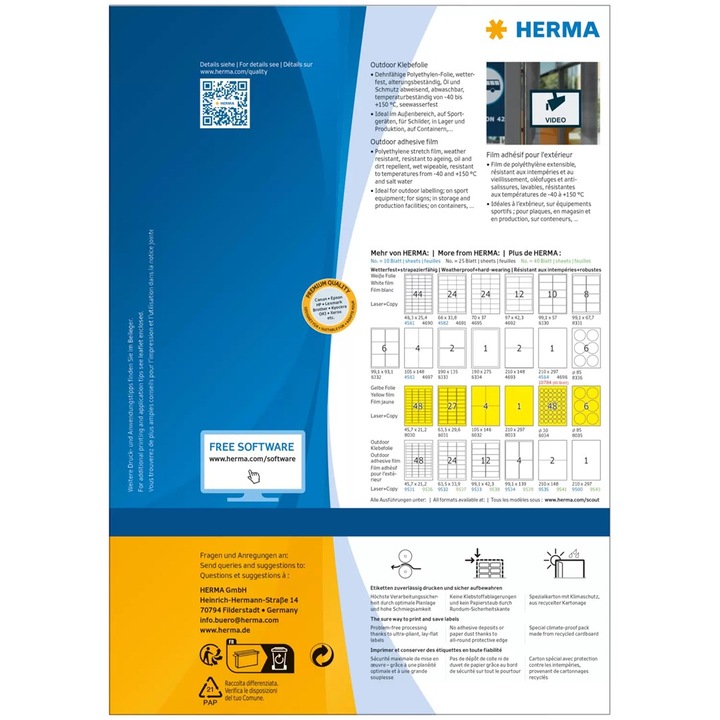 HERMA 9543 Öntapadós téglalap alakú címkék, fehér, 40 db, A4, vízálló