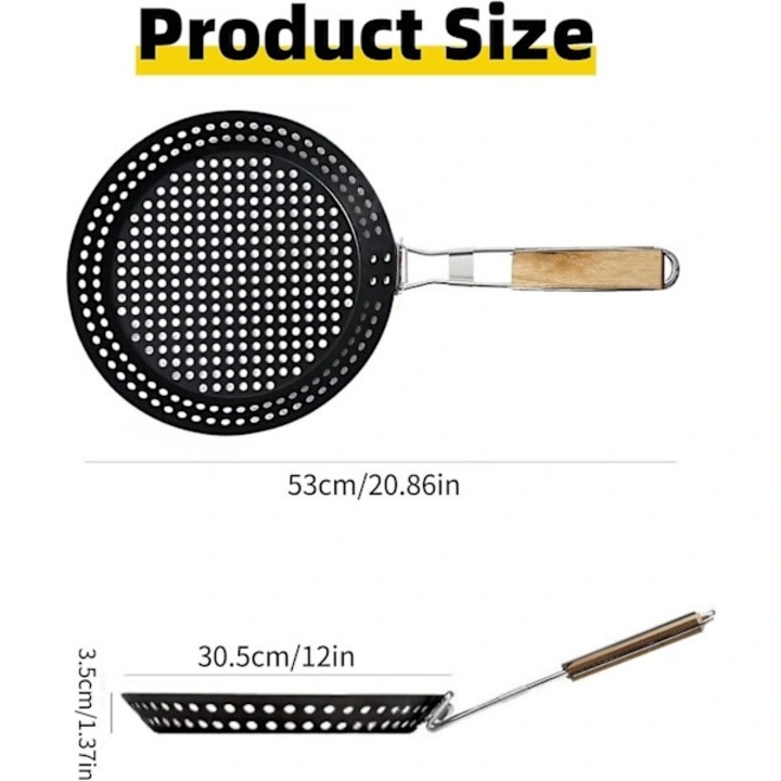 Tapadásmentes grillserpenyő, rozsdamentes acél grillsütő serpenyő, összecsukható fa fogantyúval, zsírelvezető nyílásokkal, fekete, 30.5 cm, 1 db