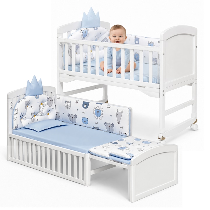 Patut 3 in 1 Invincio Vise Frumoase, pat bebelusi 0-2 ani, extensibil pentru copii 2-6 ani, Birou 6 ani+, Saltea Perna si Protectii Incluse, Plasa anti-tantari, Laterala culisanta pentru co-sleep langa patul parintilor, Balansoar, roti, alb-albastru