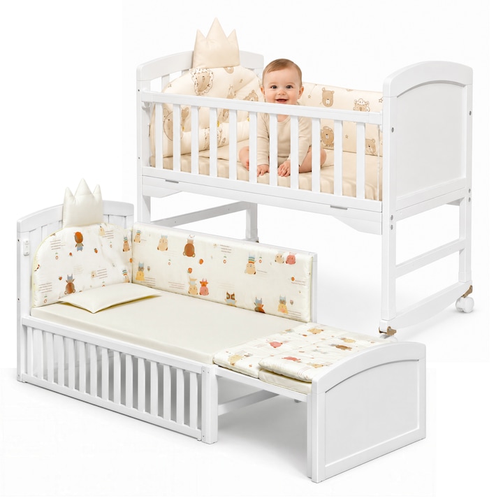 Patut 3 in 1 Invincio Vise Frumoase, pat bebelusi 0-2 ani, extensibil pentru copii 2-6 ani, Birou 6 ani+, Saltea Perna si Protectii Incluse, Plasa anti-tantari, Laterala culisanta pentru co-sleep langa patul parintilor, Balansoar, roti, alb crem