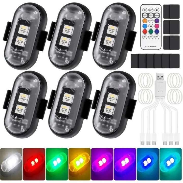 Set 6 lumini LED auto wireless multicolor cu telecomanda USB 60h autonomie