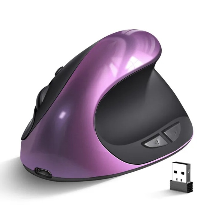 Egér függőleges ergonomikus vezeték nélküli, 6 gombos, lila, 1600 DPI