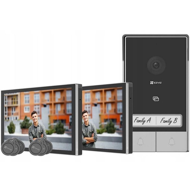Kit Videointerfon EZVIZ HP7 2K pentru 2 Familii cu doua Ecrane Tactile Color de 7 Inch, Detectare Persoana prin AI si Audio Bidirectional, Interfon cu Deschizator de Usa, Wi-Fi Dual Band, Negru