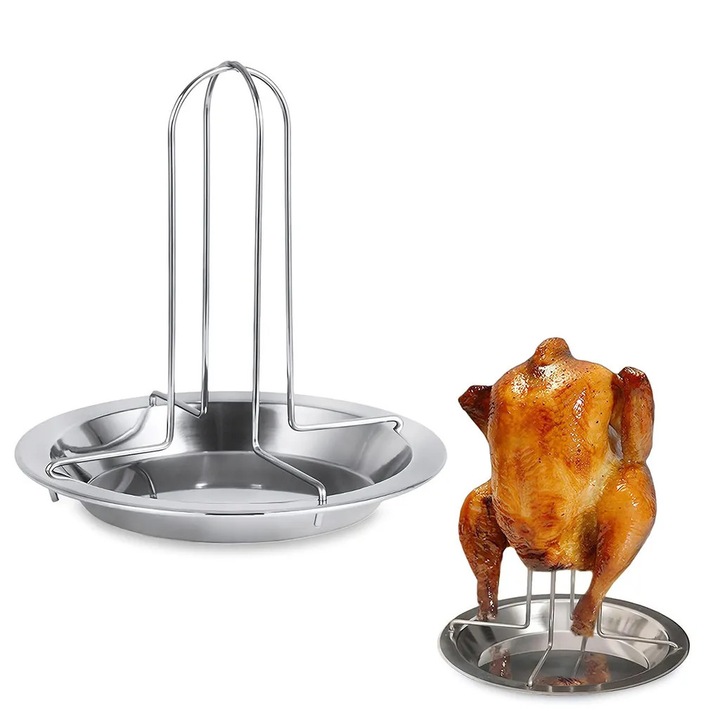 Suport pentru pui la bere K0441-0602-QH6616 din otel inoxidabil, reglabil, pentru cuptor, gratar si smoker, inox, 16.5 x 17 cm