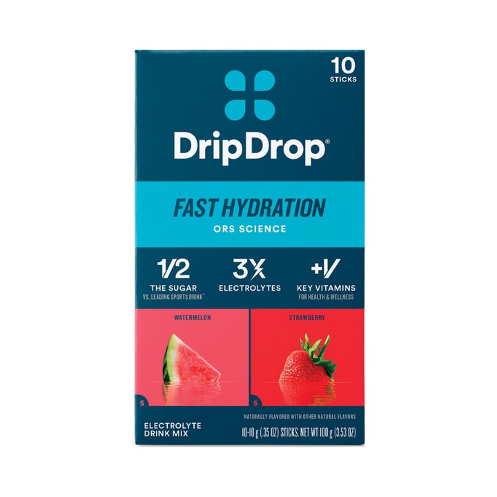 DripDrop – Formula avansata de hidratare cu electroliti, aroma de pepene rosu si capsuni, 10 plicuri
