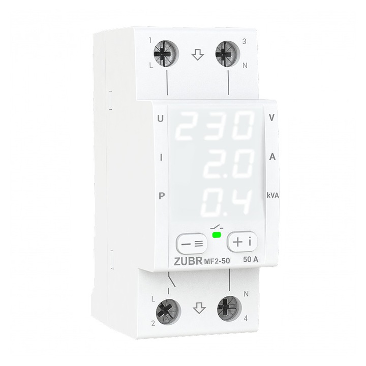 Releu multifunctional ZUBR MF2-50, Protectie tensiune, curent si putere 1-50 Amperi