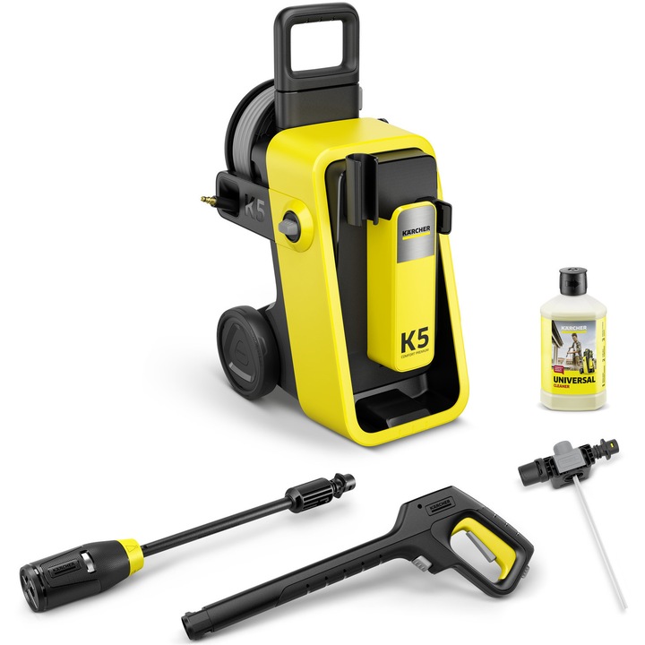 Karcher K 5 Comfort Premium magasnyomású mosó, 2100 W teljesítmény, 145 bar maximális nyomás, 500 l/h maximális áramlási sebesség, alumínium pumpa, 4 az 1-ben Multi Jet lándzsa, 10 m magasnyomású tömlő, 3/4" kerti tömlő adapter, 1 l tisztítószer