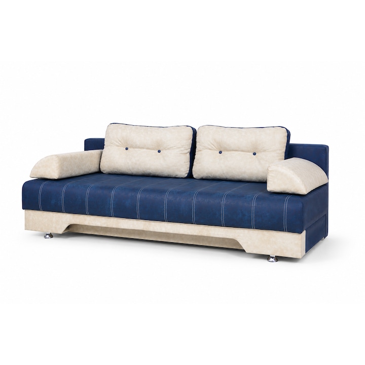 Canapea Extensibila ELIZA, 3 Locuri, Albastru si Crem, Lada Depozitare, Functie Pat 147×190 cm, Stofa, Cadru Metalic, 190x98x75 cm, Design Modern, Mobila Mega