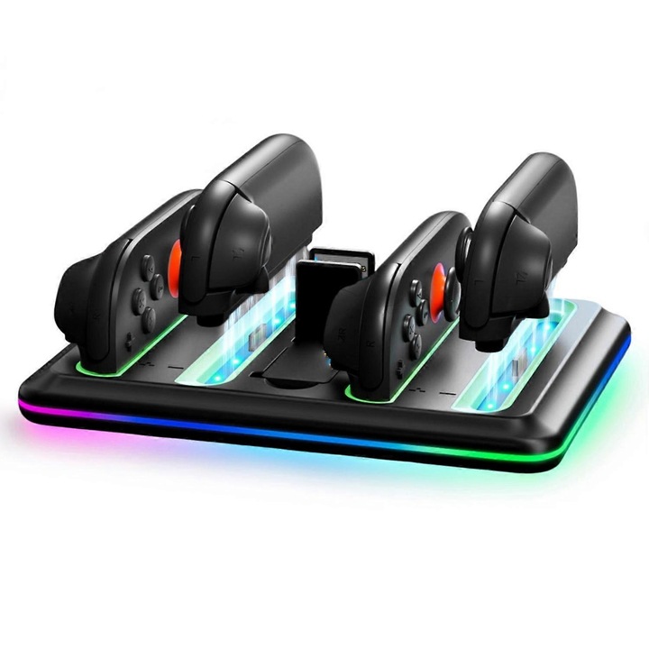 Statie incarcare controlere Nintendo Switch 2, RGB, 4 sloturi card joc, 171x133x15.8mm