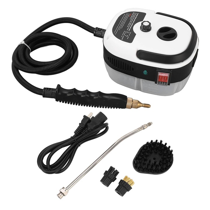 Aparat de curatat cu aburi NEXTLY, 3 capete interschimbabile, 6 trepte de viteza, portabil, accesoriu de prelungire, 2500W, 1000ml, alb-negru