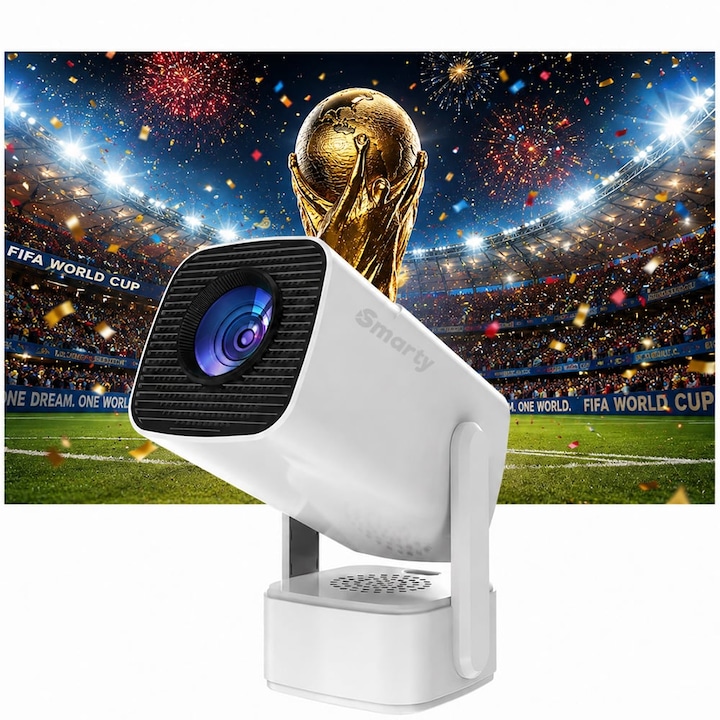 Videoproiector portabil Smarty® Lumen Pro, 1920x1080p HD, поддържа 4K, Android 13, Wi-Fi, HDMI, bluetooth, яркост 350 ANSI, вграден високоговорител 5W, mirroring Android/IOS, Бял