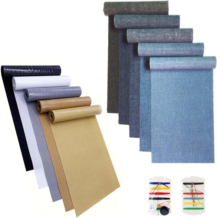 Set 10 role patch-uri twill si denim, 2 kituri cusut, multicolor