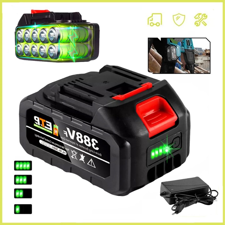 Acumulator Li-Ion 18V/21V, Bedee, 388VF, cu Indicator LED, Reincarcabil, 3000mAh, Protectie la Suprasarcina si Supratensiune, cu Incarcator pentru Scule Electrice, Usor de utilizat, Negru