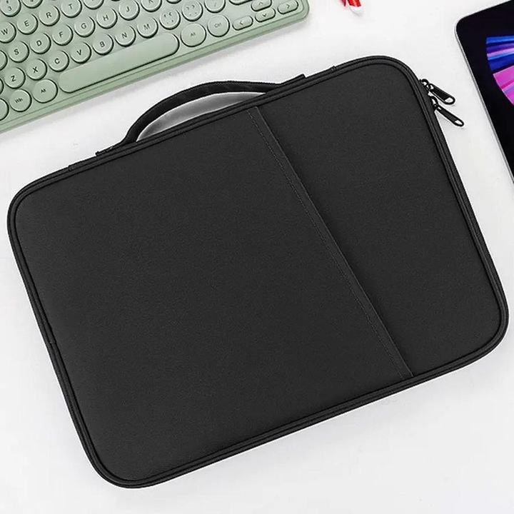 Husa tableta 11 inch, negru, rezistenta la socuri si apa, cu buzunar accesorii si suport stilou