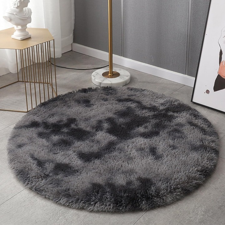 Covor rotund moale, lavabil, antiderapant, gri inchis, 60cm