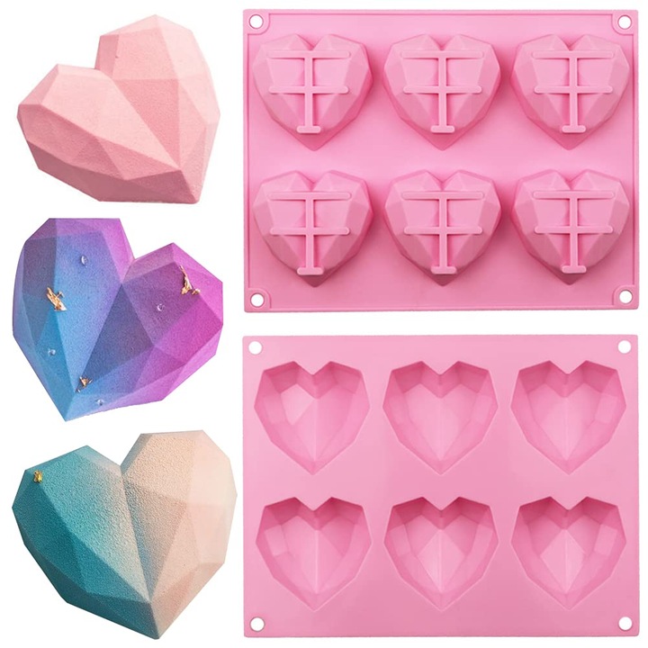 Set forme silicon 3D inima diamant, 6 cavitati, flexibil, rezistent, multicolor, 20x15x3cm