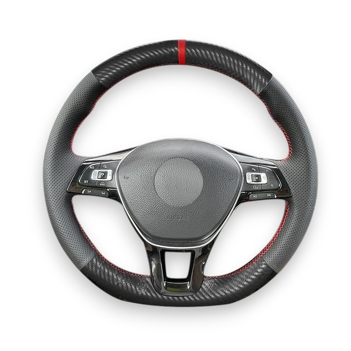 Husa volan dedicata Volkswagen Passat B8, Golf 7, fibra carbon si piele perforata, cusuta manual, culoare cusatura rosu