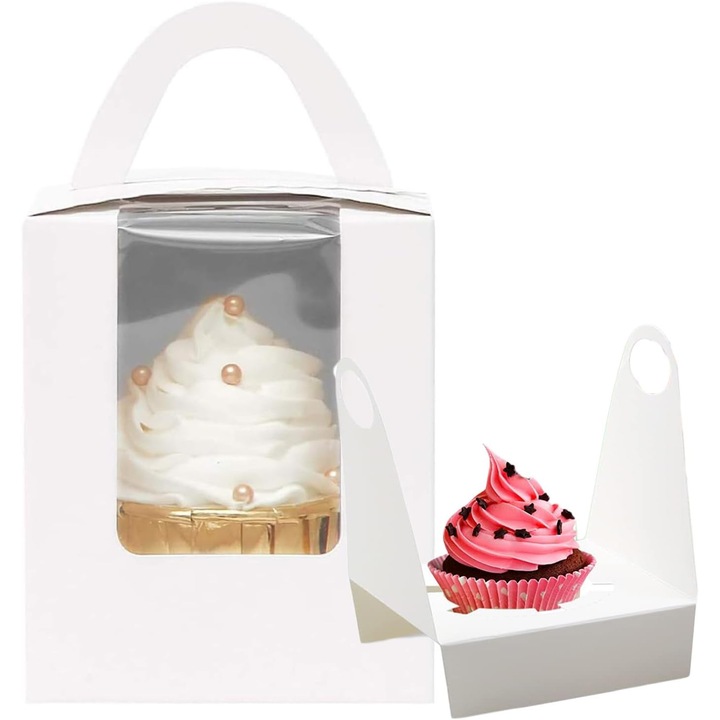 Cutii pentru cupcakes, set 20 bucati, alb, 9.5x9.5x11cm, cu fereastra si maner