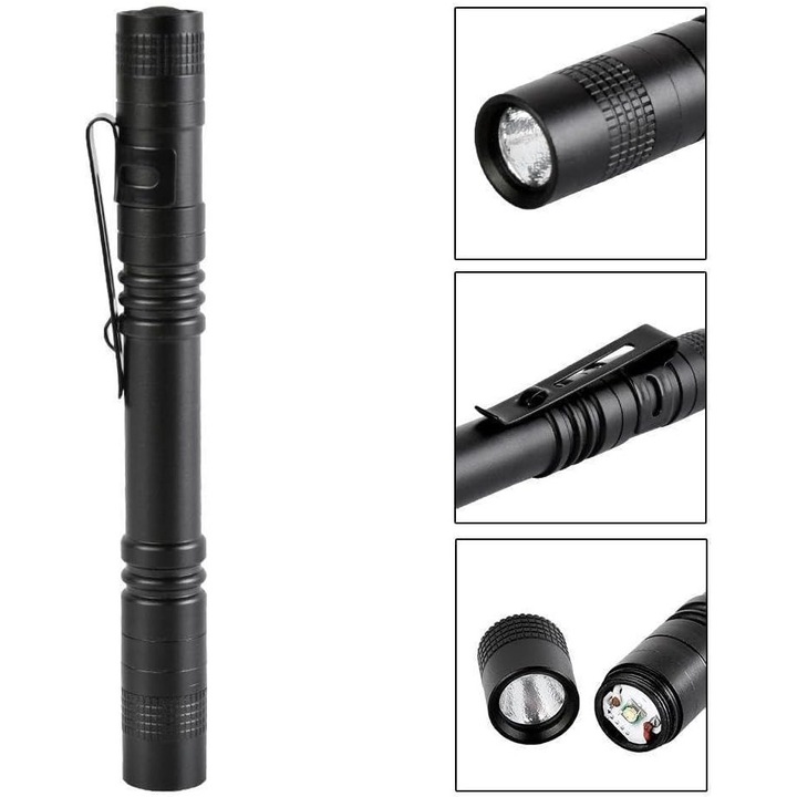 Мини LED фенерче, тип писалка, алуминиево, прозрачно, преносимо, черно, компактно