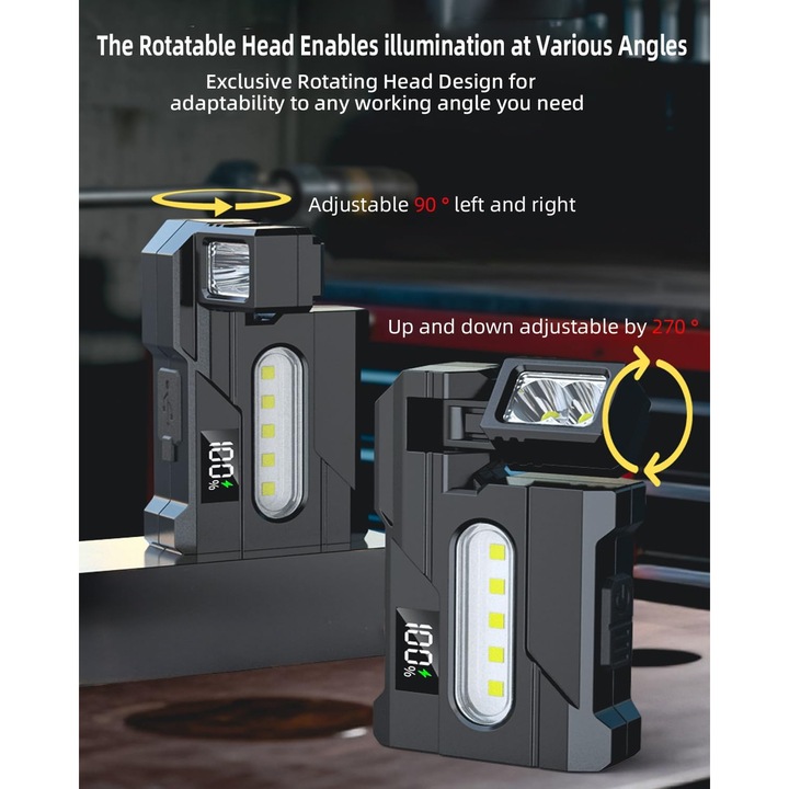 Lanterna EDC cu cap rotativ, 500 lumeni, baterie 1500mAh, magnetica, portabila, negru, 7.9x5x2.1cm