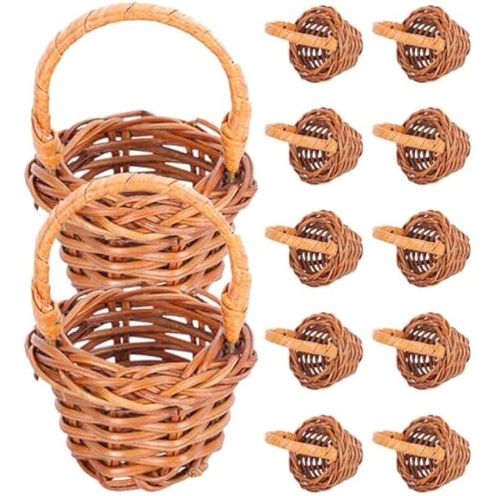 Set 12 cosuri mini din rachita cu maner, 4.5x6.6cm, rustic
