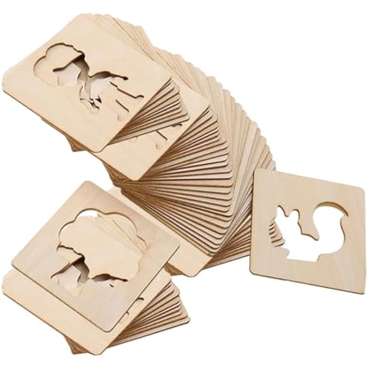 Set 60 sabloane desen animale, lemn, multicolor, diverse dimensiuni