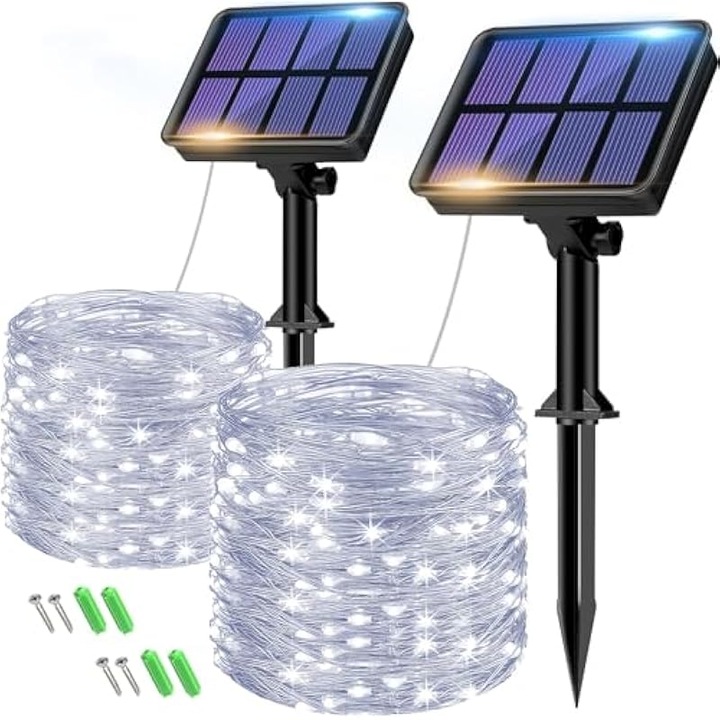 Instalatie luminoasa solara 2 bucati, 16m, 160 LED, alb rece, rezistenta la apa