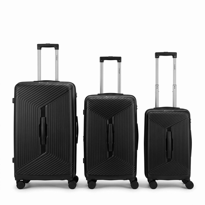 Set 3 Trolere Polipropilena special flexibil, Anti-casabil, Design robust si forma patrata optimizata, Maner frontal, Marime S+M+L, Valize cu fermoar antifurt, Extensibile, Negru mat, 168, CASLON ®