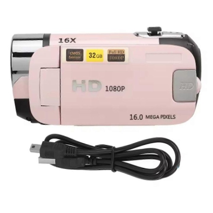 Цифрова видеокамера 16MP 1080P розова 2.4 инча въртяща се 16X увеличение
