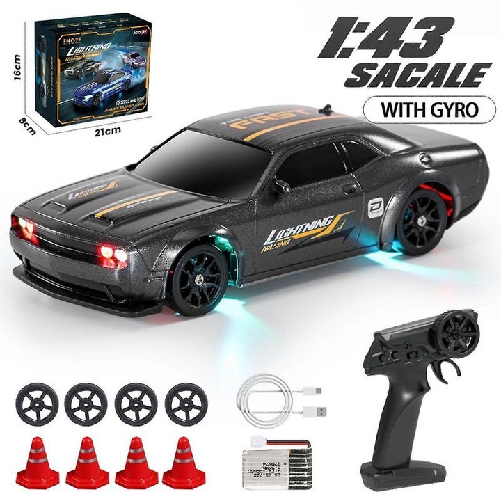 RC Drift Autó 1/43 4WD, nagy sebességű, LED, 2.4G távirányító, tartozékkészlet