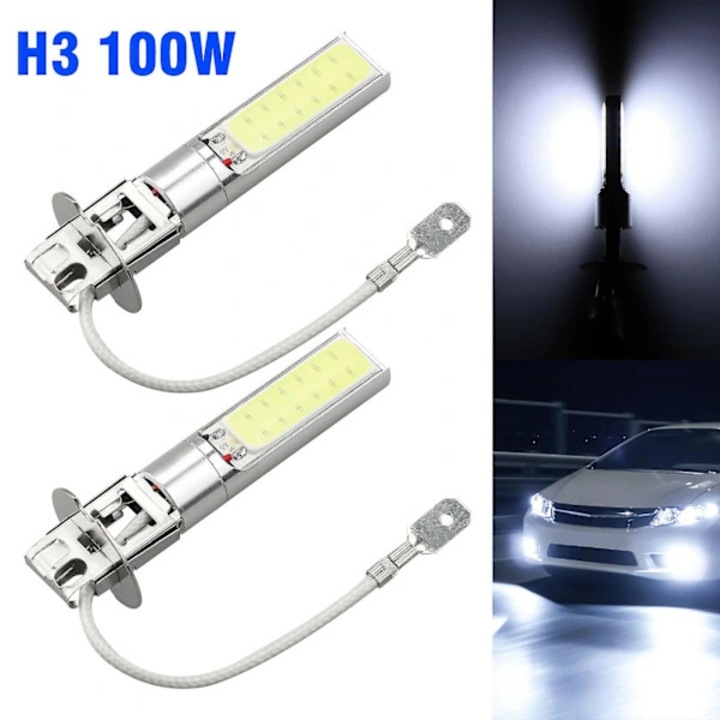 Автомобилна крушка / LED лампа за кола H3 100W COB, 6000K DRL, 12V, корпус от алуминиева сплав, водоустойчива и термоустойчива, бяла, 2 броя