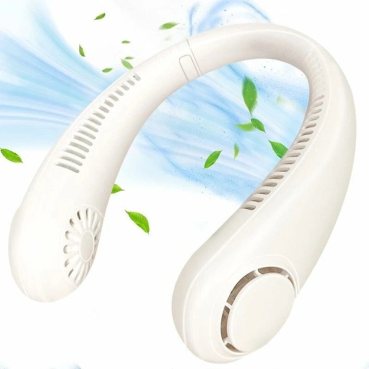 Ventilator portabil USB, 3 viteze, alb, 18.5x15x5cm, fara pale, fara fir, pentru gat