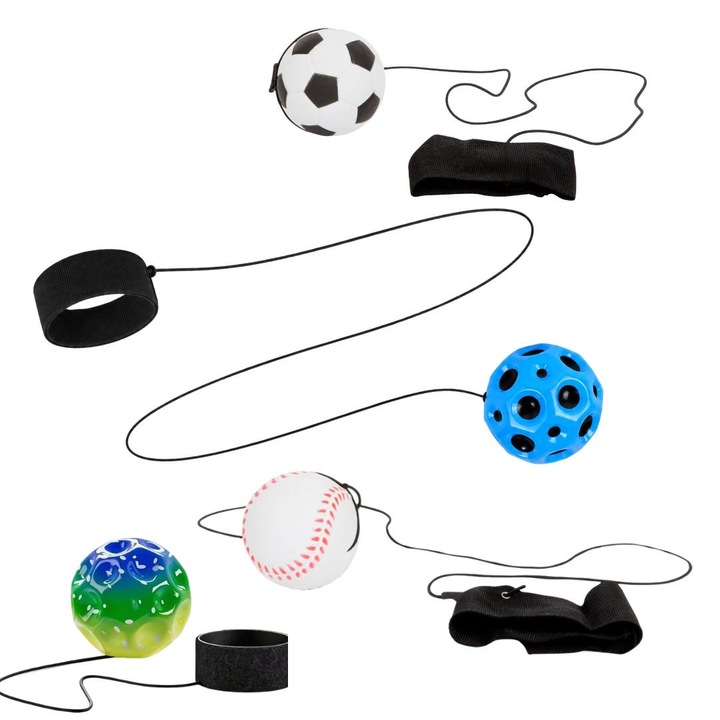 4 labdás csomag karkötővel a kézre, fekete-fehér futball, fehér-piros baseball, kék és zöld többszínű Space Moon Ball, 66 mm, aktív játék a reflexek és a koordináció fejlesztésére