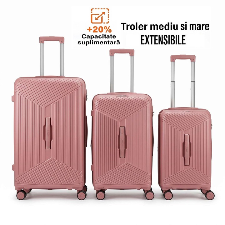 Set 3 Trolere Polipropilena special flexibil, Anti-casabil, Design robust si forma patrata optimizata, Maner frontal, Marime S+M+L, Valize cu fermoar antifurt, Extensibile, Roz mat, 168, CASLON ®