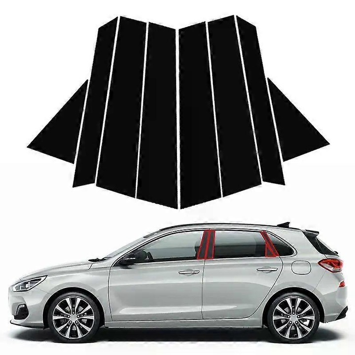Set 8 ornamente coloane usa auto, negru lucios, Hyundai i30 Hatchback Elantra GT, B C, policarbonat