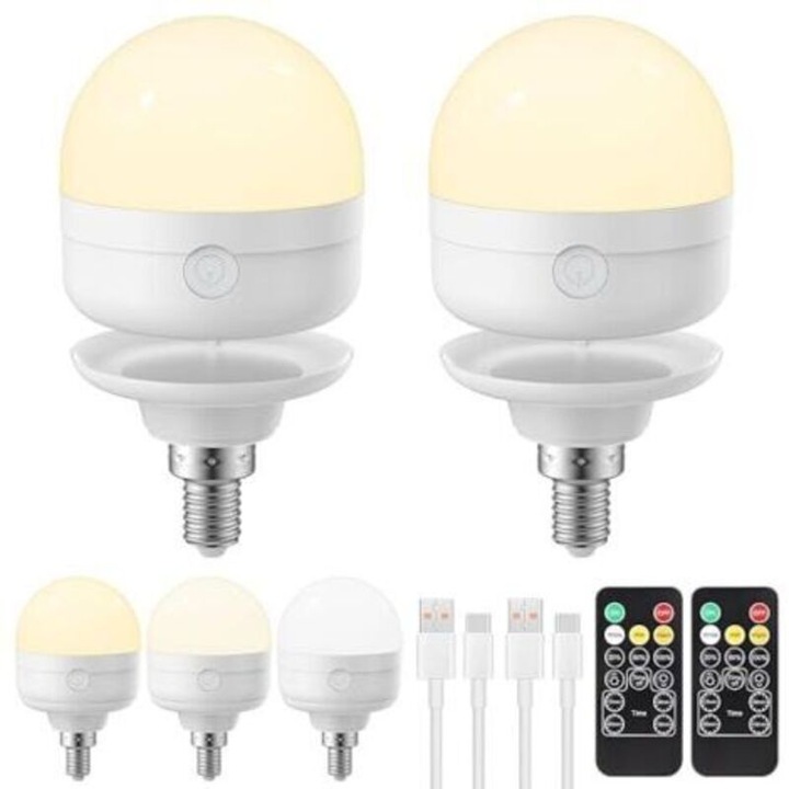 Комплект от 2 USB презареждащи се крушки E14, 3 цвята, димируеми, 6W, дистанционно управление, таймер, бял