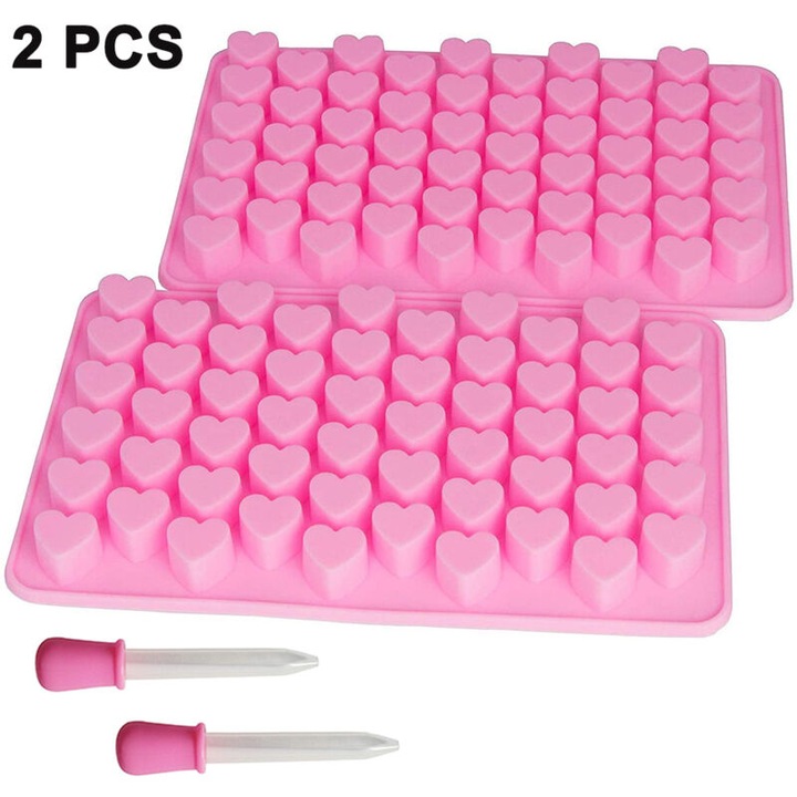 Set 2 forme silicon inima, 55 cavitati, roz, 18x11x1cm