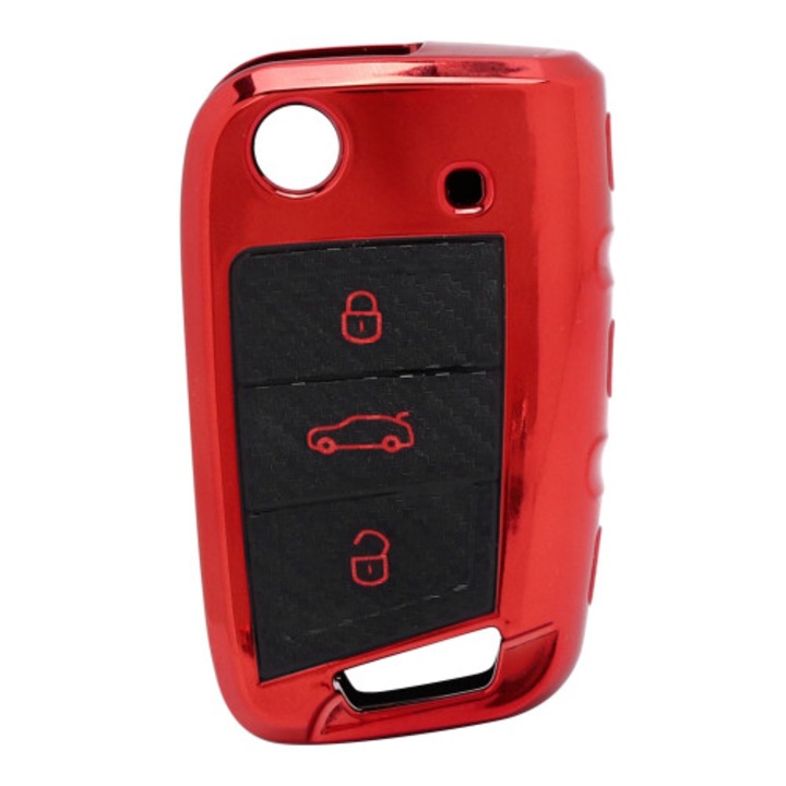 Husa cheie auto TPU protectie completa, aspect fibra carbon, negru