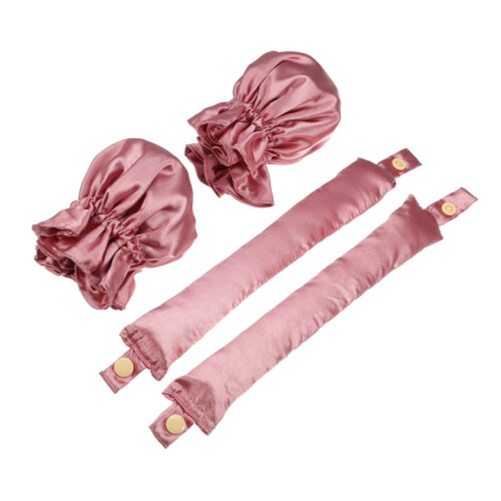 Set bigudiuri fara caldura satin roz 23.5x4cm cu bonete 4 piese