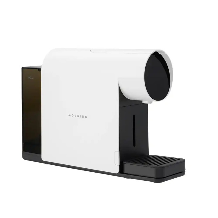 Espressor automat premium cu capsule Nespresso MORNING, Mini, Wi-Fi integrat, Bluetooth, pompa 19 bar, control temperatura, rezervor apa 650 ml, retete prestabilite, 7 niveluri presiune, program decalcifiere, auto-curatare, panou tactil, alb