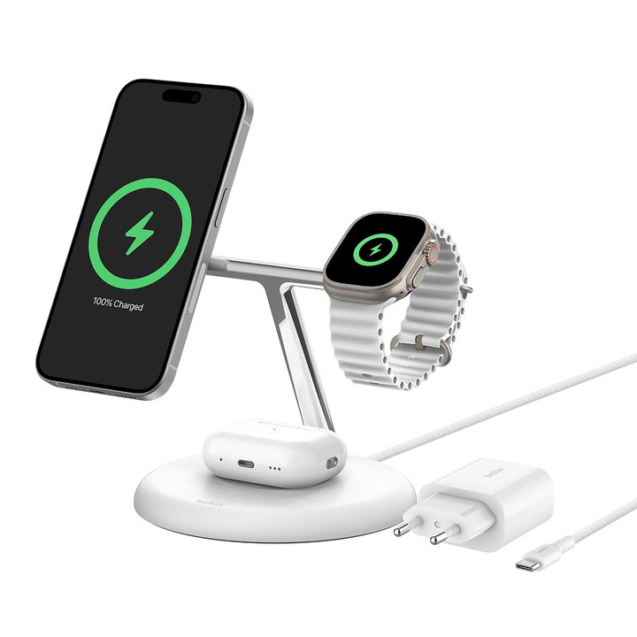 Incarcator wireless 3in1 Belkin BOOST CHARGE PRO, alb, 15W, 36Wx12x12cm