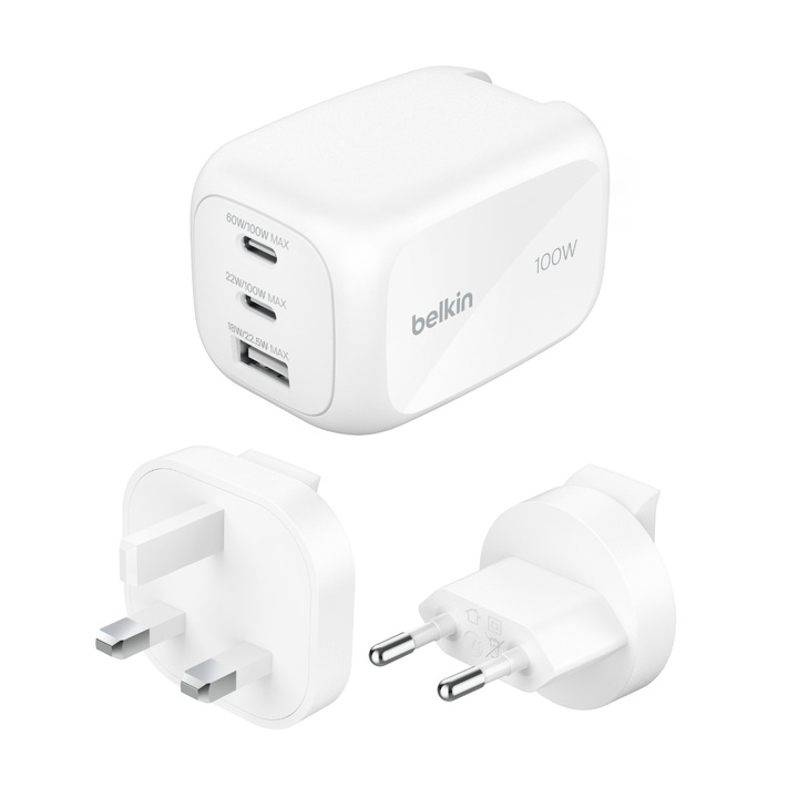 Belkin BoostCharge Pro 100W GaN töltő, 3 portos, fehér, 65x43x43mm