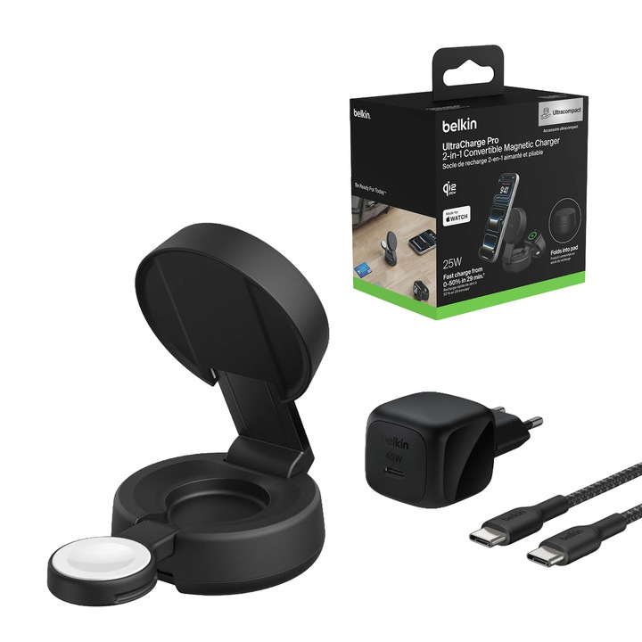 Incarcator magnetic 2in1 Belkin UltraCharge Pro, 25W, grafit, 6,7x3,7x6cm